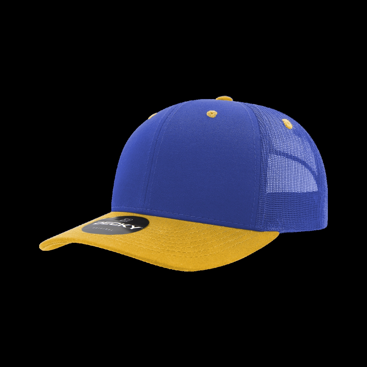 6021-2RYLGLD 6 Panel Mid Profile Structured Cotton Blend Trucker Cap, Royal & Gold - One Size Fits Most