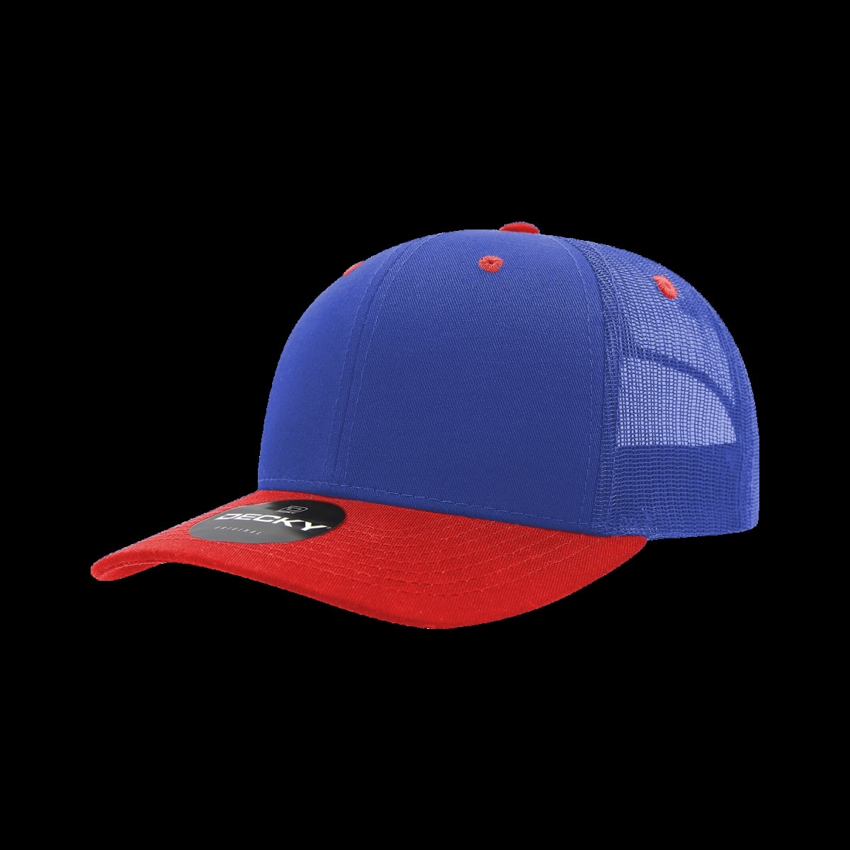 6021-2RYLRED 6 Panel Mid Profile Structured Cotton Blend Trucker Cap, Royal & Red - One Size Fits Most