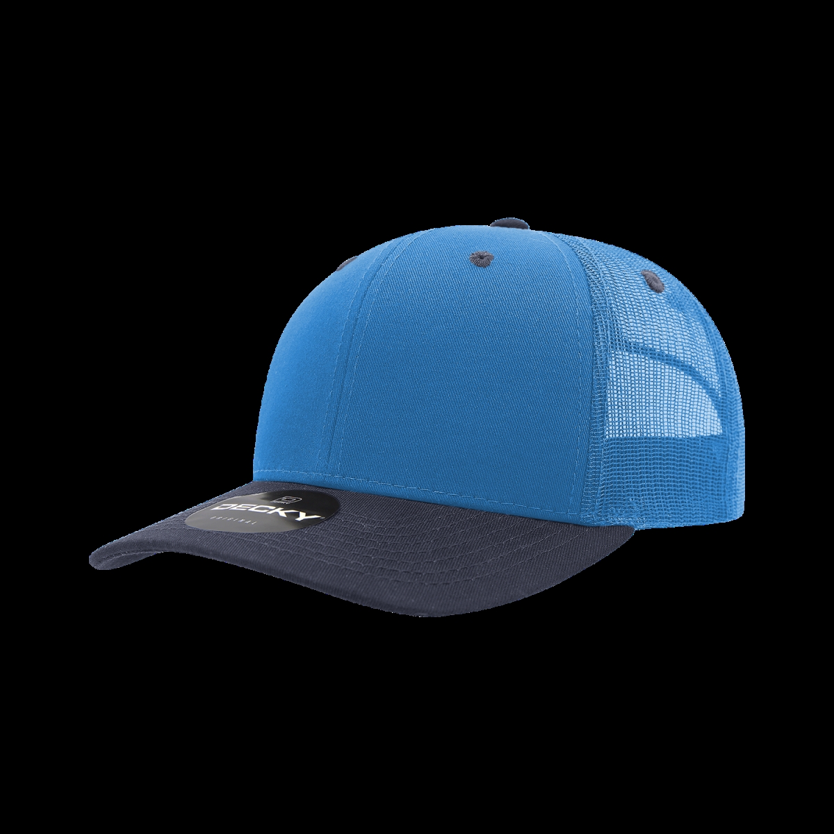6021-2SKYNVY 6 Panel Mid Profile Structured Cotton Blend Trucker Cap, Sky & Navy - One Size Fits Most