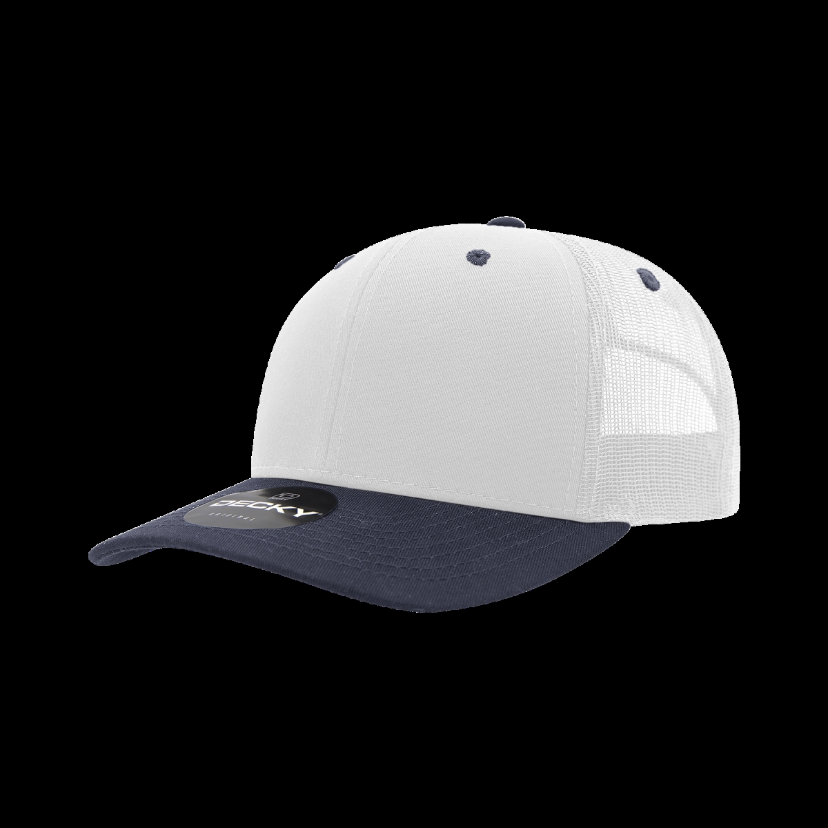 6021-2WHTNVY 6 Panel Mid Profile Structured Cotton Blend Trucker Cap, White & Navy - One Size Fits Most