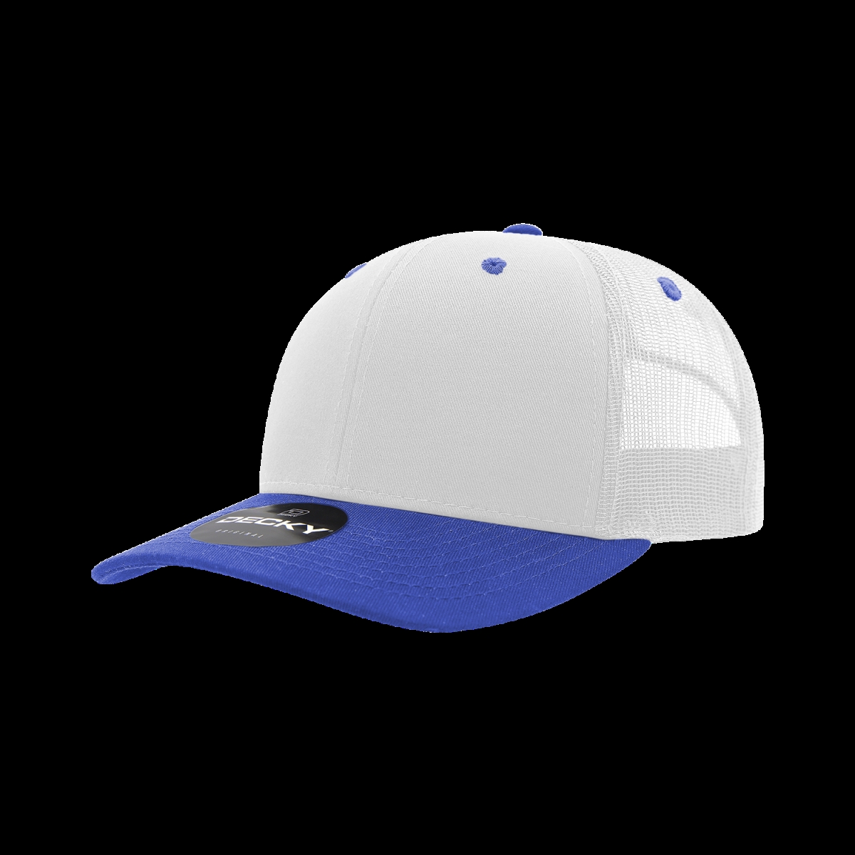 6021-2WHTRYL 6 Panel Mid Profile Structured Cotton Blend Trucker Cap, White & Royal - One Size Fits Most