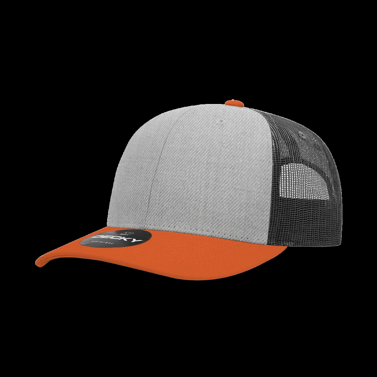 6021-3BORHGYCHA 6 Panel Mid Profile Structured Cotton Blend Trucker Cap, Orange & Heather Grey - Charcoal - One Size Fits Most