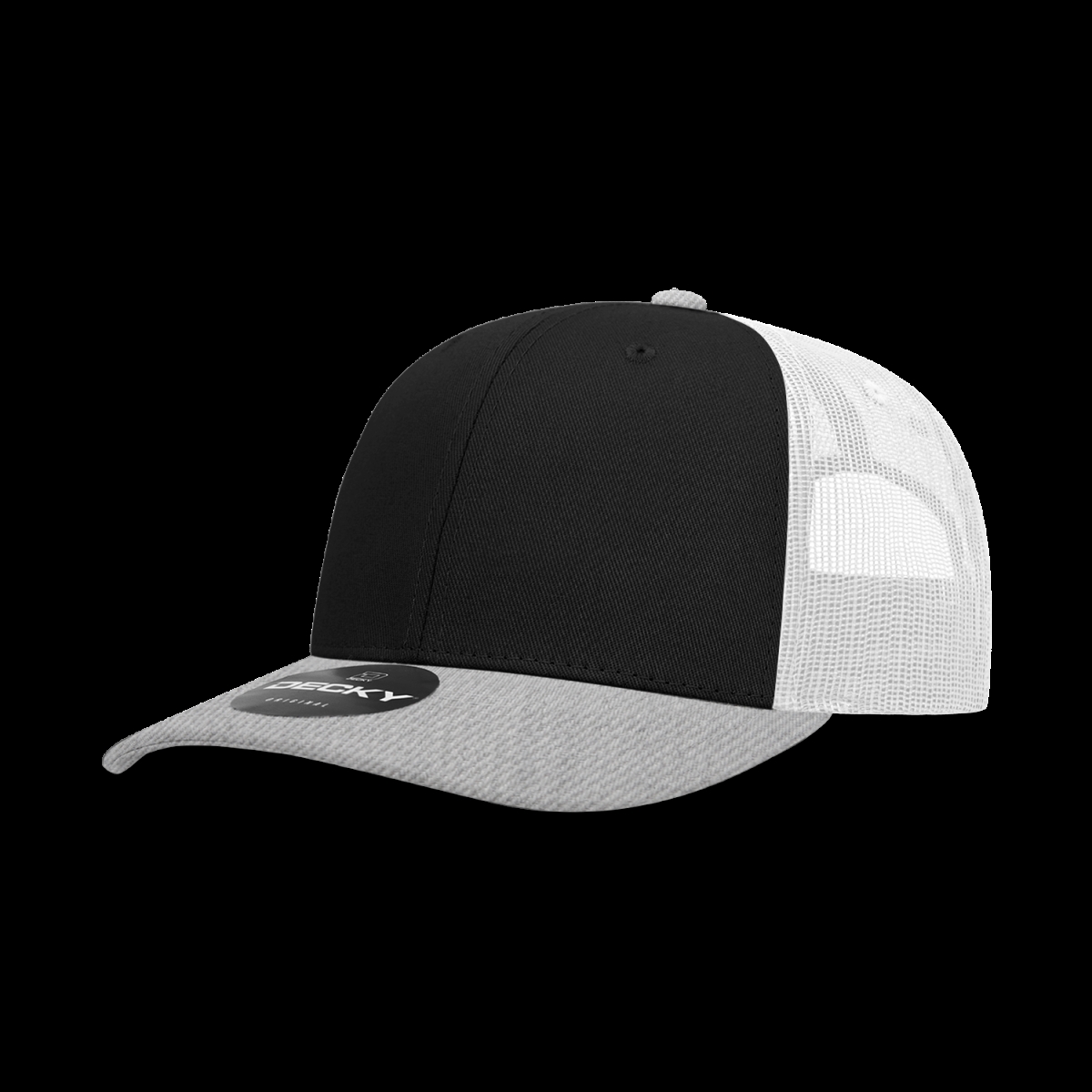 6021-3HGYBLKWHT 6 Panel Mid Profile Structured Cotton Blend Trucker Cap, Heather Grey & Black - White - One Size Fits Most