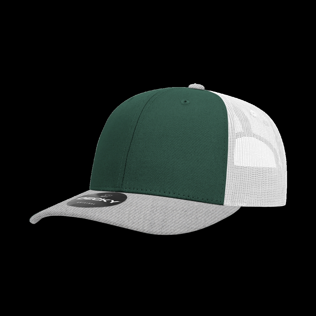 6021-3HGYFORWHT 6 Panel Mid Profile Structured Cotton Blend Trucker Cap, Heather Grey & Forest - White - One Size Fits Most