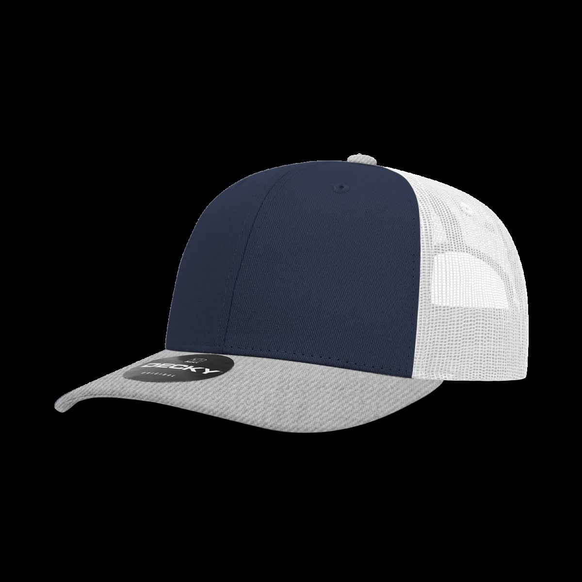 6021-3HGYNVYWHT 6 Panel Mid Profile Structured Cotton Blend Trucker Cap, Heather Grey & Navy - White - One Size Fits Most