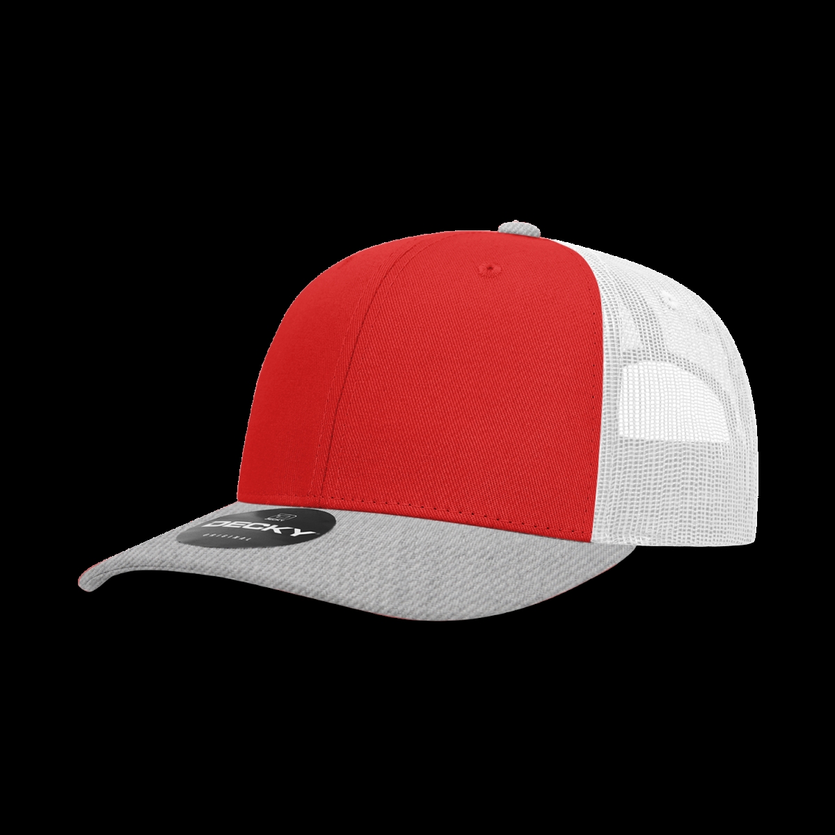 6021-3HGYREDWHT 6 Panel Mid Profile Structured Cotton Blend Trucker Cap, Heather Grey & Red - White - One Size Fits Most