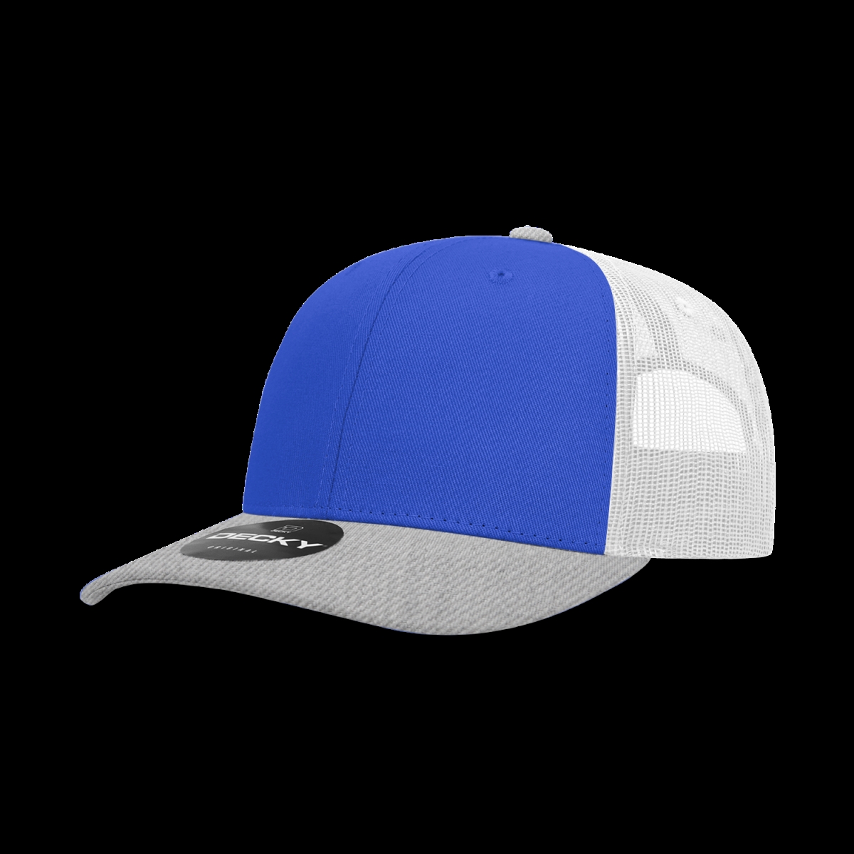 6021-3HGYRYLWHT 6 Panel Mid Profile Structured Cotton Blend Trucker Cap, Heather Grey & Royal - White - One Size Fits Most