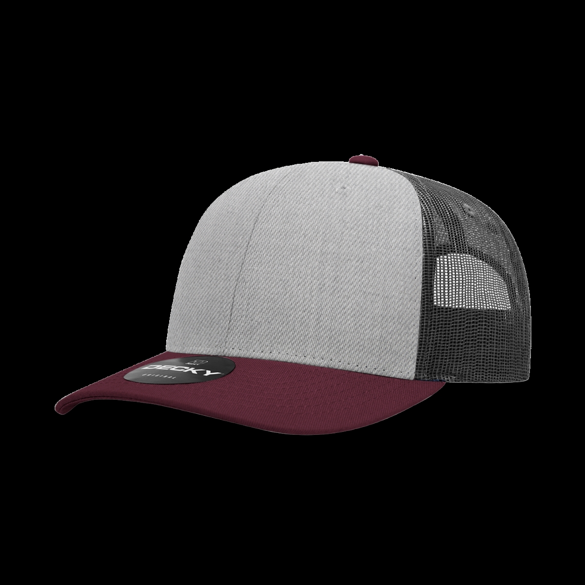 6021-3MARHGYCHA 6 Panel Mid Profile Structured Cotton Blend Trucker Cap, Maroon & Heather Grey - Charcoal - One Size Fits Most