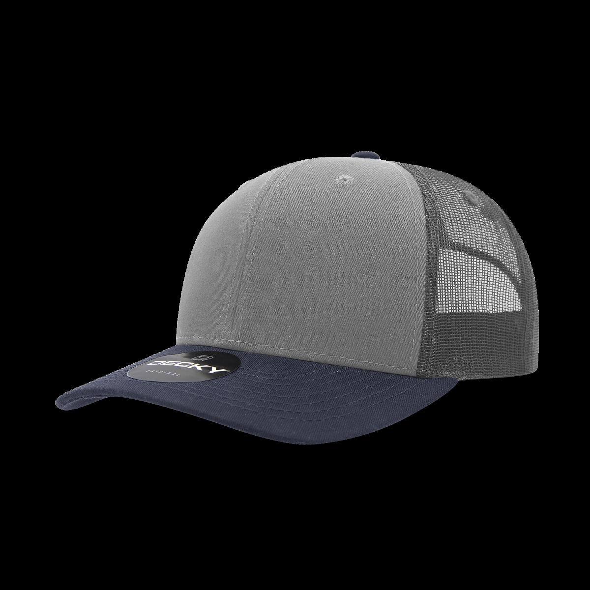 6021-3NVYGRYCHA 6 Panel Mid Profile Structured Cotton Blend Trucker Cap, Navy & Grey - Charcoal - One Size Fits Most