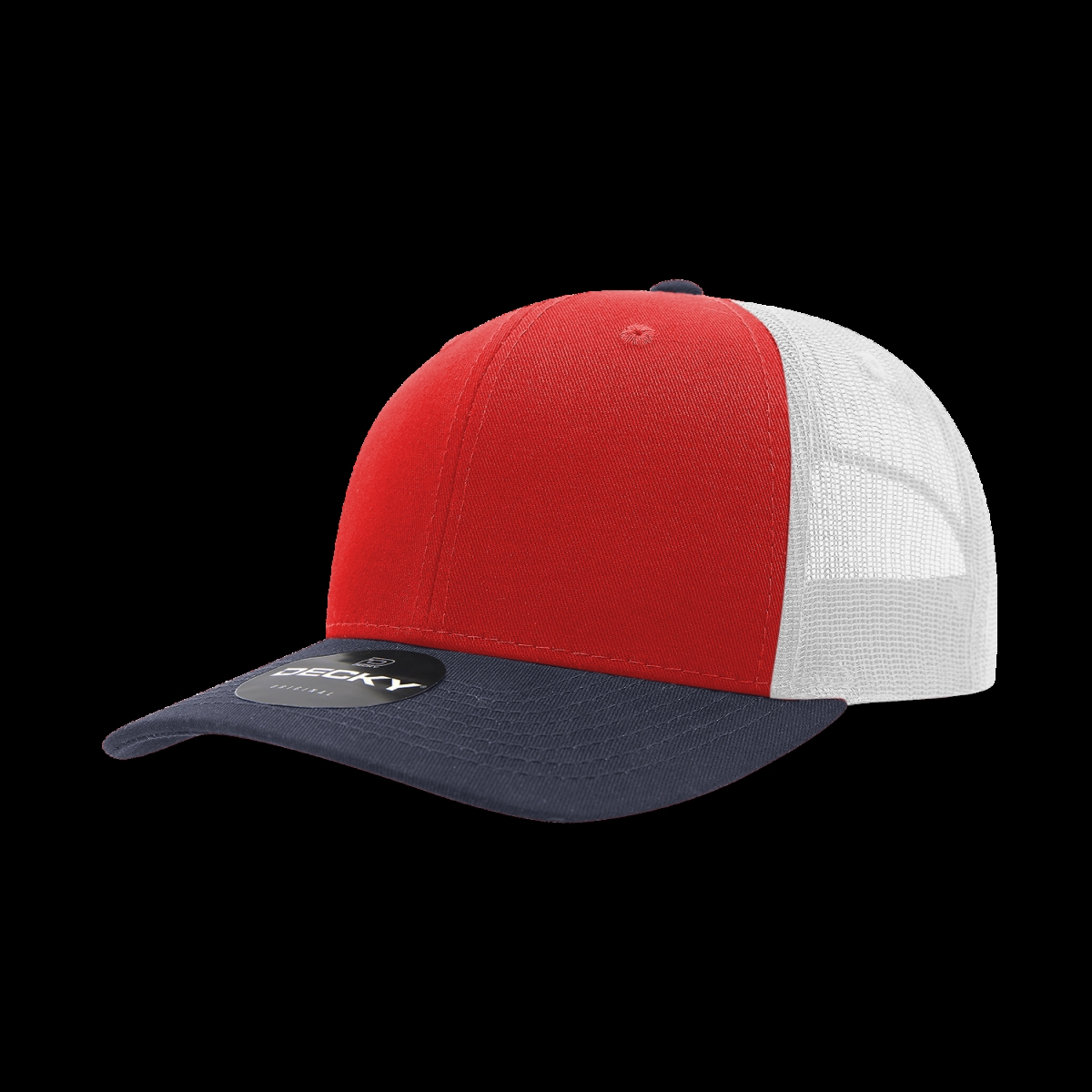 6021-3NVYREDWHT 6 Panel Mid Profile Structured Cotton Blend Trucker Cap, Navy & Red - White - One Size Fits Most