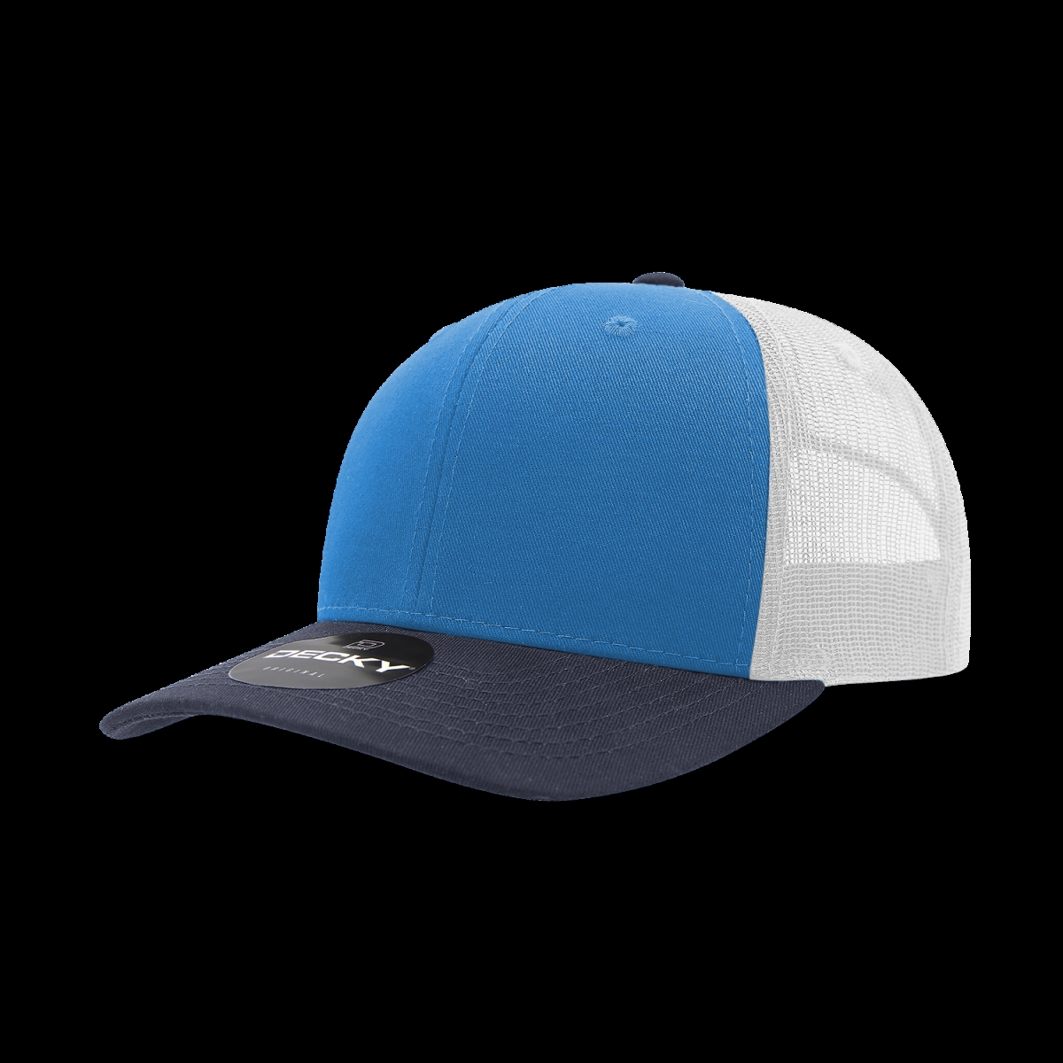 6021-3NVYSKYWHT 6 Panel Mid Profile Structured Cotton Blend Trucker Cap, Navy & Sky - White - One Size Fits Most
