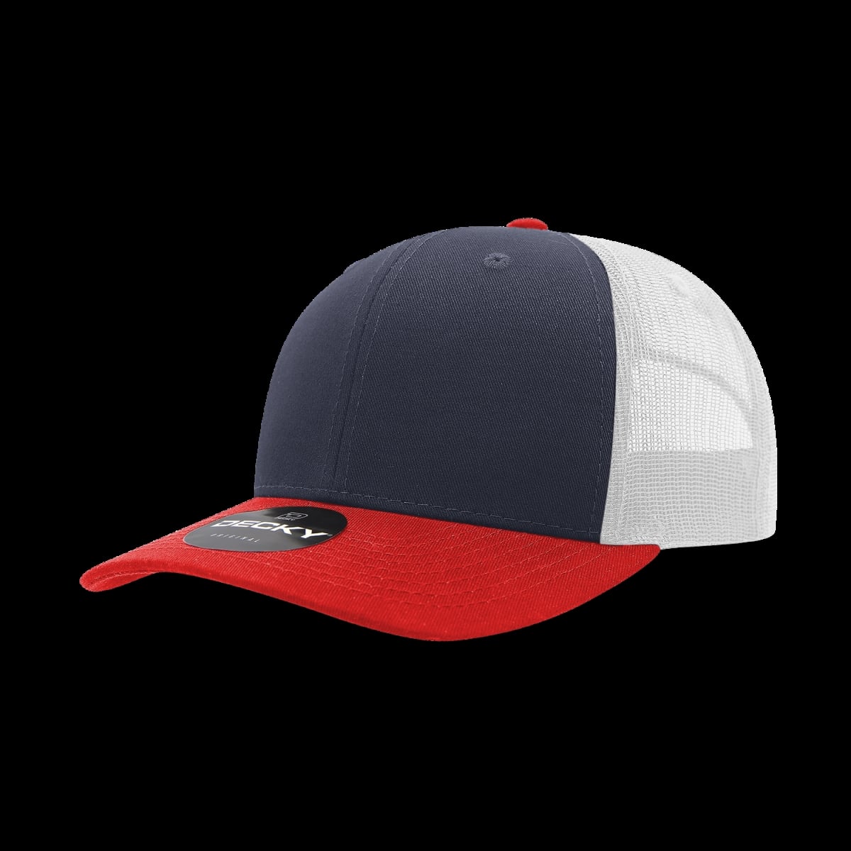 6021-3REDNVYWHT 6 Panel Mid Profile Structured Cotton Blend Trucker Cap, Red & Navy - White - One Size Fits Most