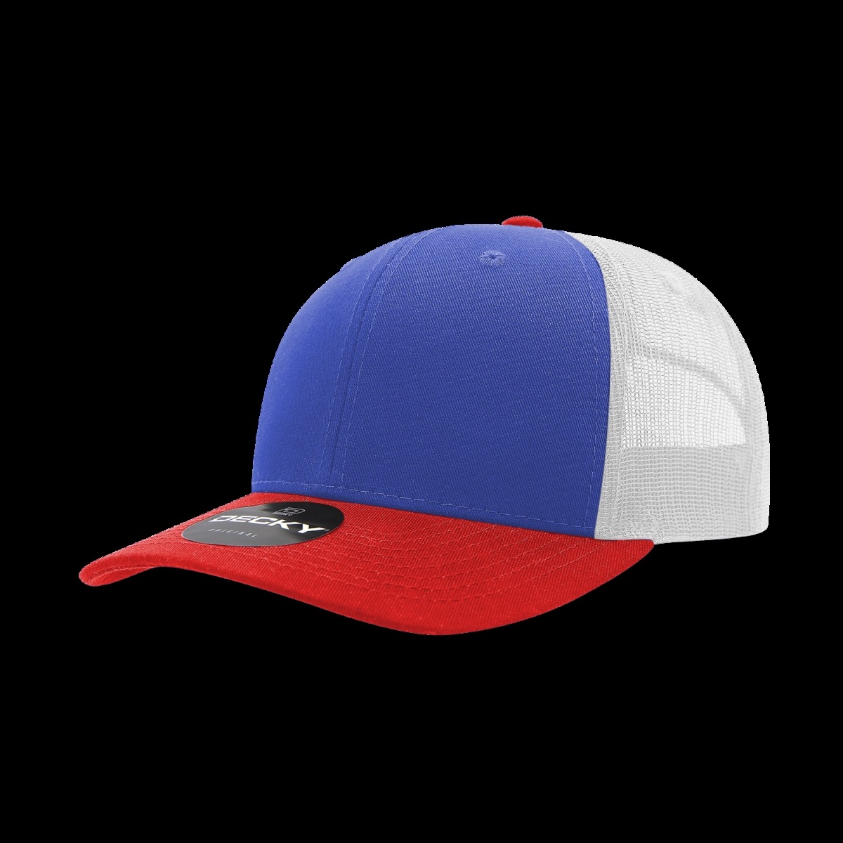 6021-3REDRYLWHT 6 Panel Mid Profile Structured Cotton Blend Trucker Cap, Red & Royal - White - One Size Fits Most
