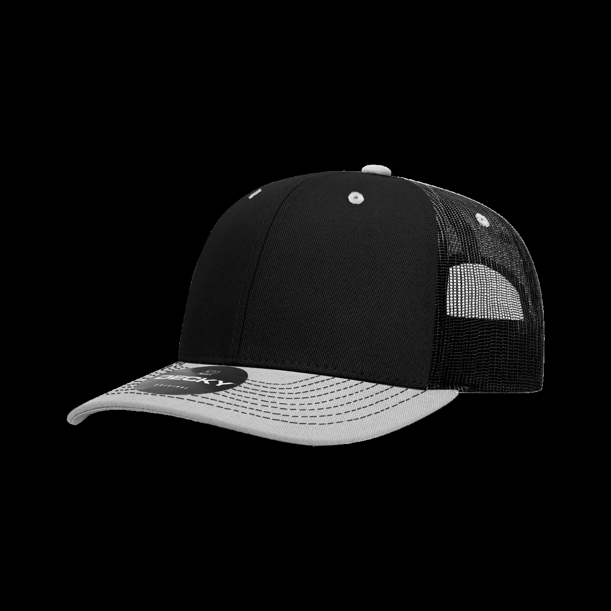 6031-2BLKGREY 6 Panel Mid Profile Structured Contra-Stitch Trucker Cap, Black & Grey - One Size Fits Most