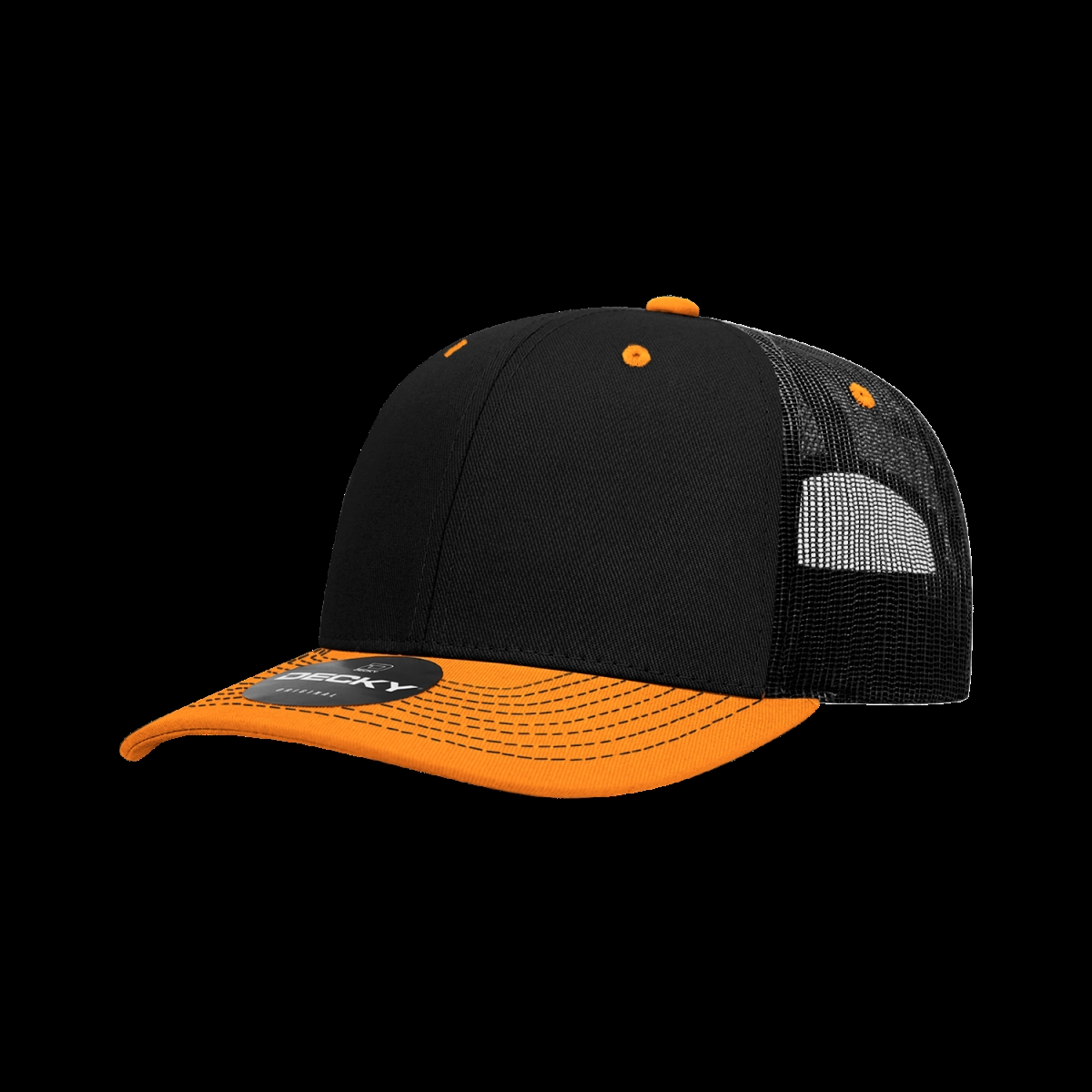 6031-2BLKORN 6 Panel Mid Profile Structured Contra-Stitch Trucker Cap, Black & Orange - One Size Fits Most