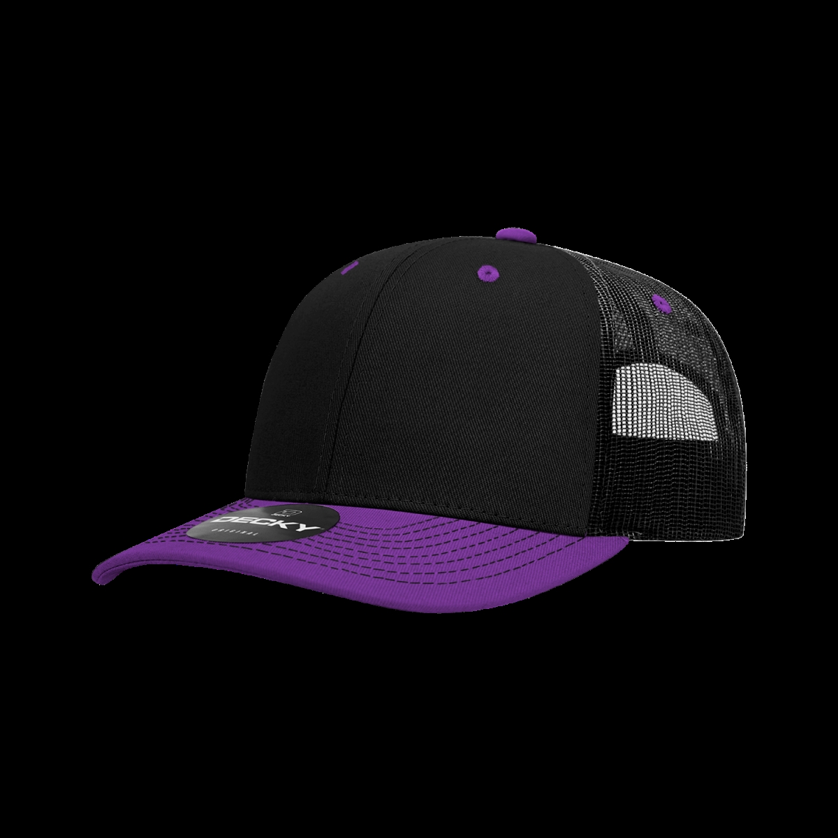 6031-2BLKPUR 6 Panel Mid Profile Structured Contra-Stitch Trucker Cap, Black & Purple - One Size Fits Most