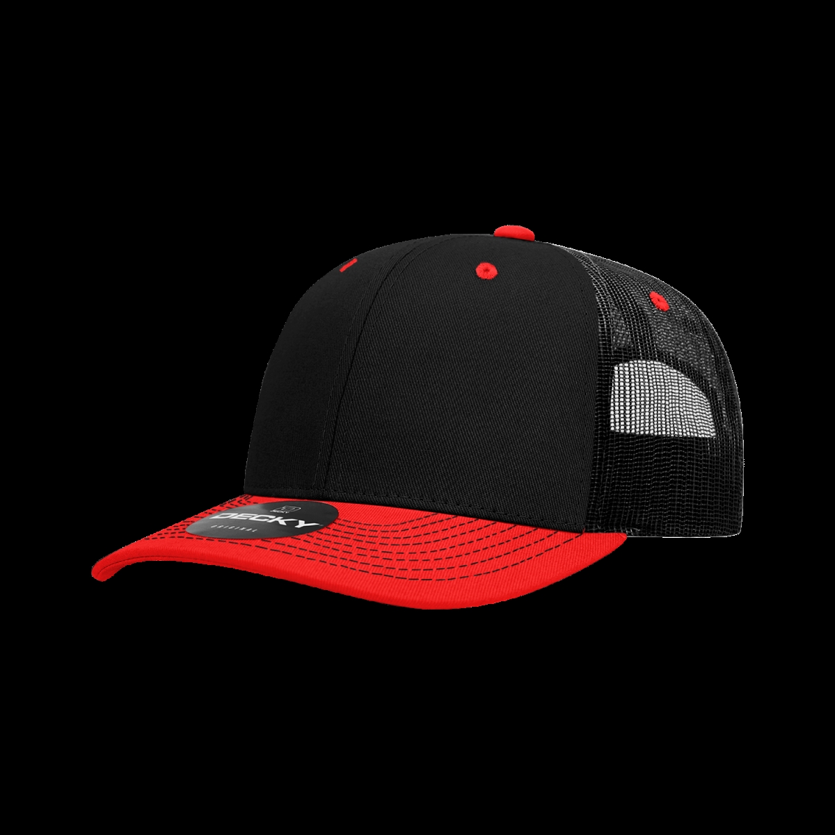 6031-2BLKRED 6 Panel Mid Profile Structured Contra-Stitch Trucker Cap, Black & Red - One Size Fits Most