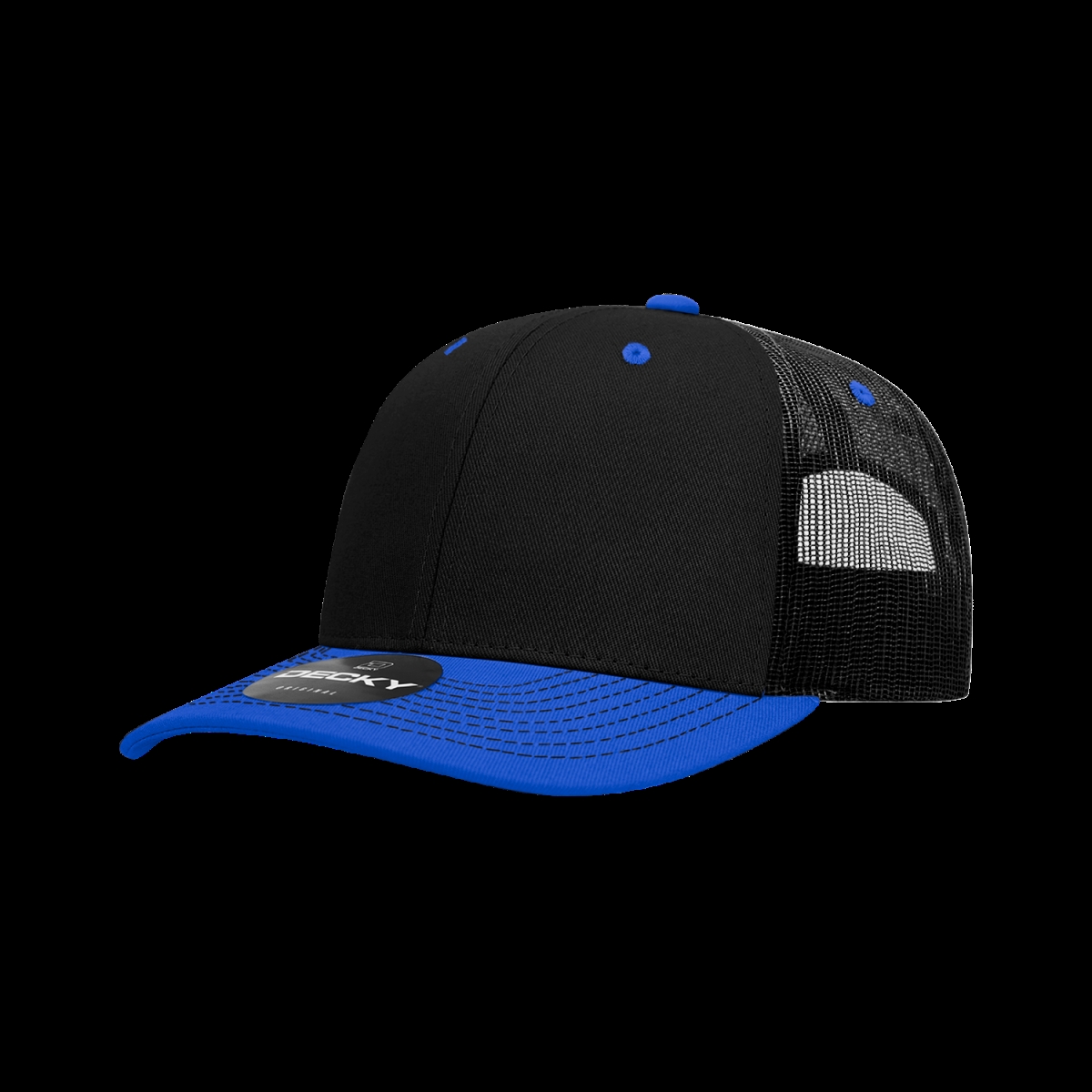 6031-2BLKRYL 6 Panel Mid Profile Structured Contra-Stitch Trucker Cap, Black & Royal - One Size Fits Most