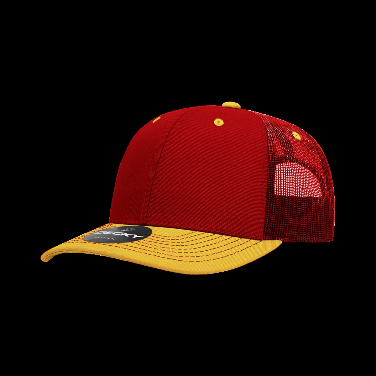 6031-2CARGLD 6 Panel Mid Profile Structured Contra-Stitch Trucker Cap, Cardinal & Gold - One Size Fits Most