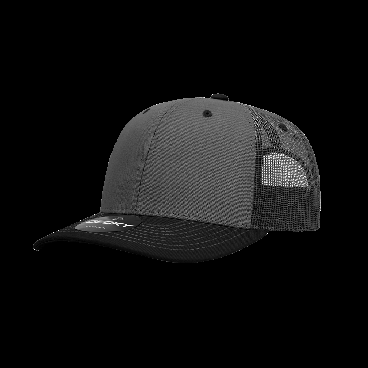 6031-2CHABLK 6 Panel Mid Profile Structured Contra-Stitch Trucker Cap, Charcoal & Black - One Size Fits Most