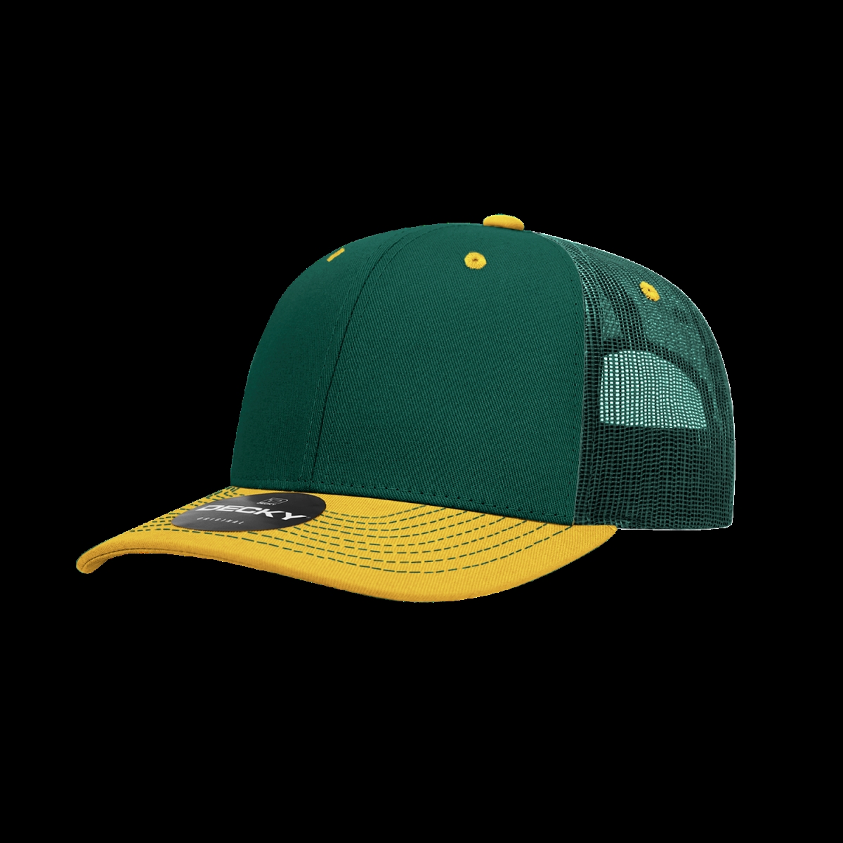 6031-2FORGLD 6 Panel Mid Profile Structured Contra-Stitch Trucker Cap, Forest & Gold - One Size Fits Most
