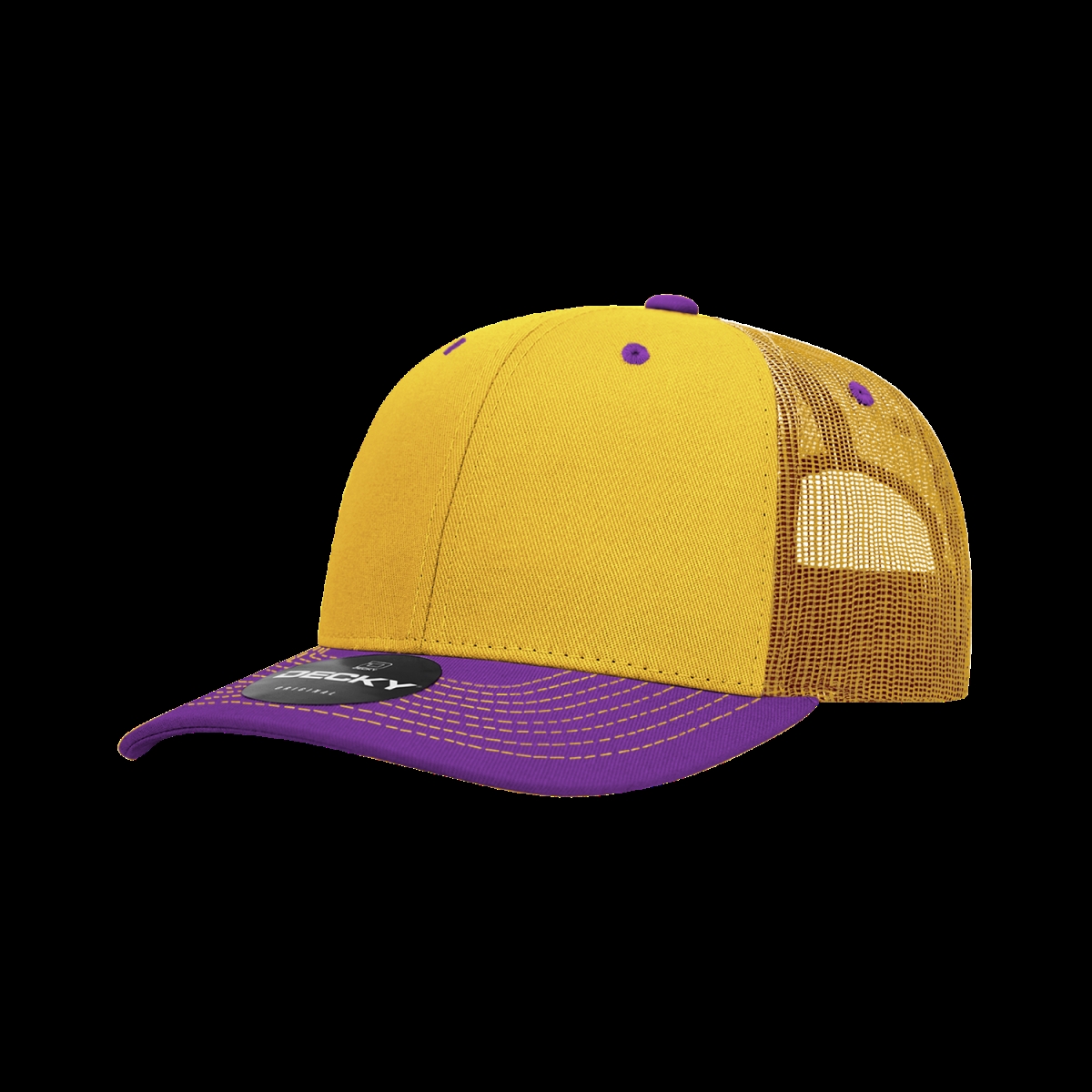 6031-2GLDPUR 6 Panel Mid Profile Structured Contra-Stitch Trucker Cap, Gold & Purple - One Size Fits Most
