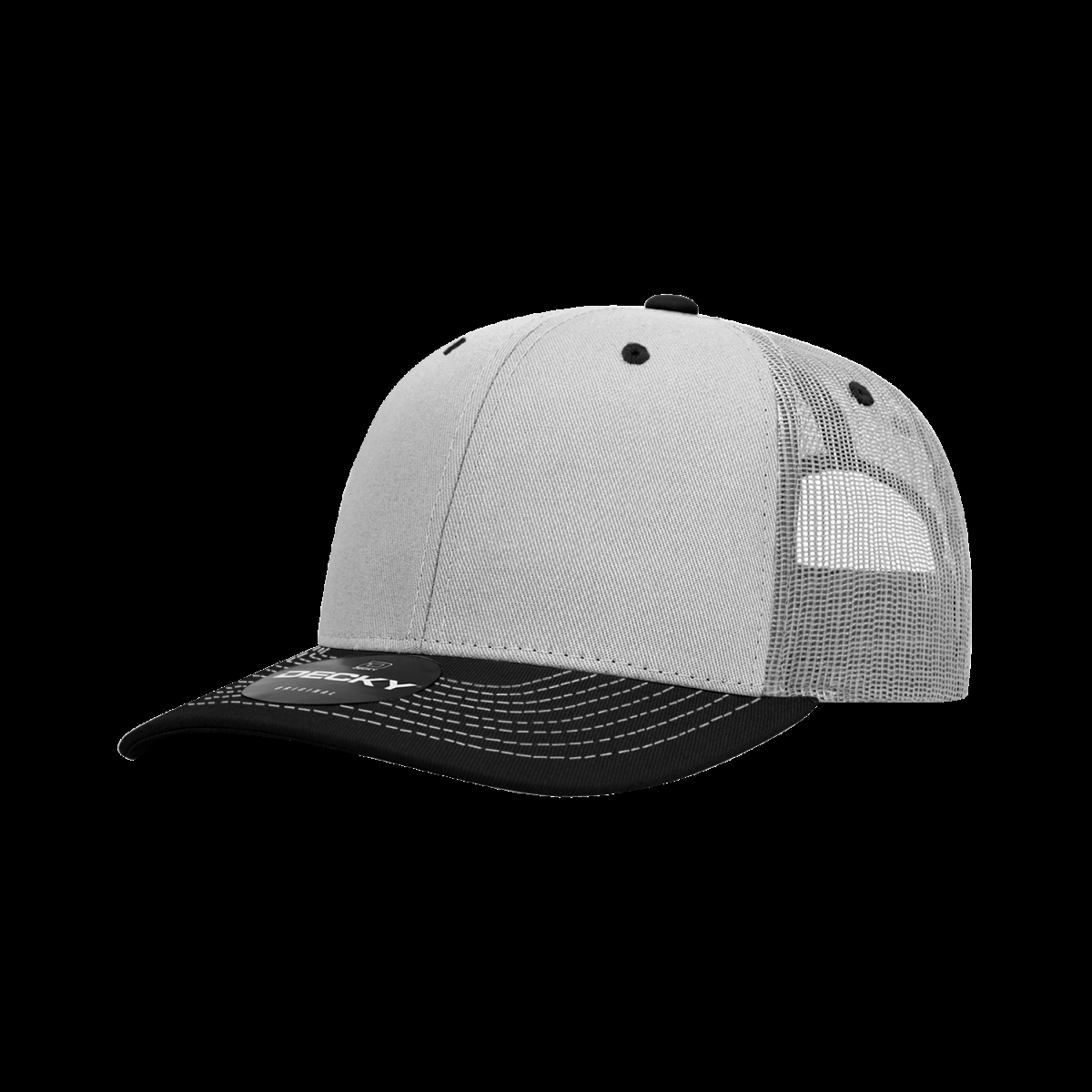 6031-2GRYBLK 6 Panel Mid Profile Structured Contra-Stitch Trucker Cap, Black - One Size Fits Most