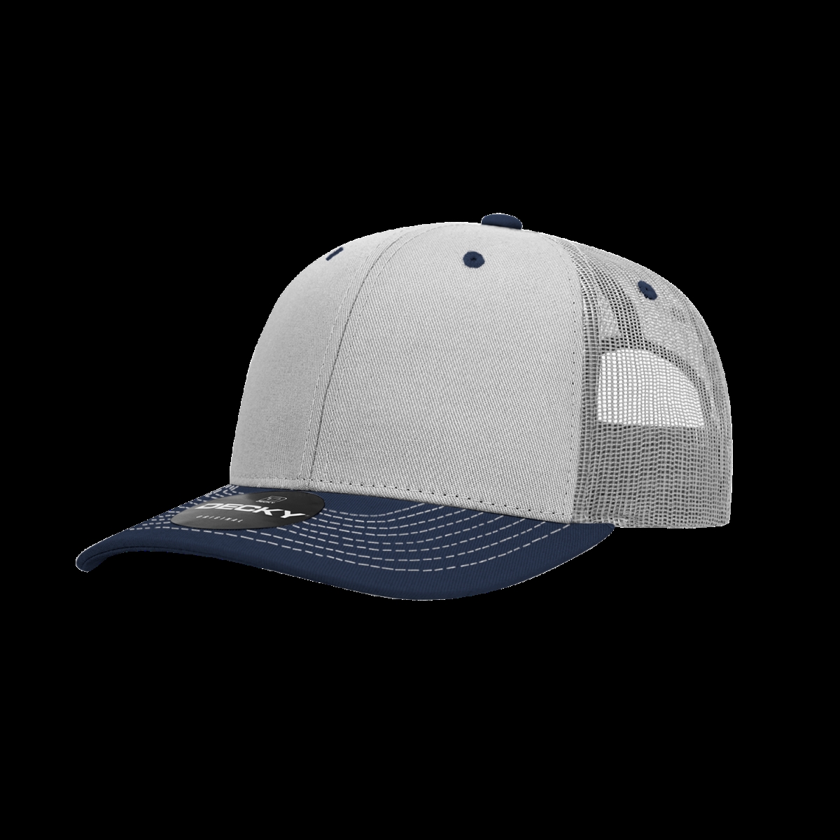 6031-2GRYNVY 6 Panel Mid Profile Structured Contra-Stitch Trucker Cap, Grey & Navy - One Size Fits Most