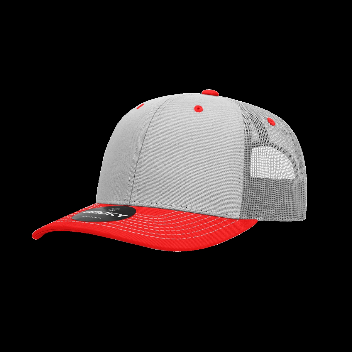 6031-2GRYRED 6 Panel Mid Profile Structured Contra-Stitch Trucker Cap, Grey & Red - One Size Fits Most