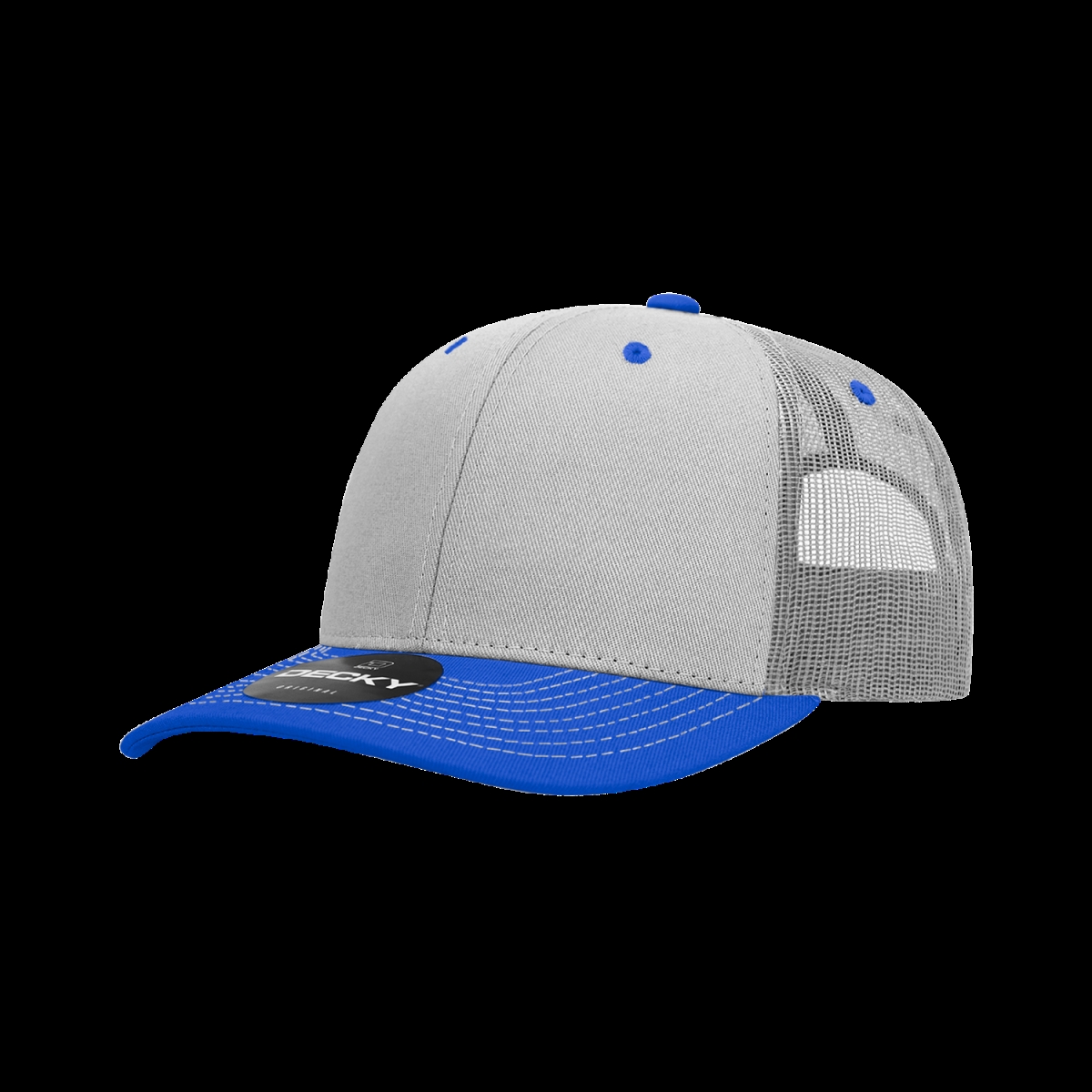6031-2GRYRYL 6 Panel Mid Profile Structured Contra-Stitch Trucker Cap, Grey & Royal - One Size Fits Most