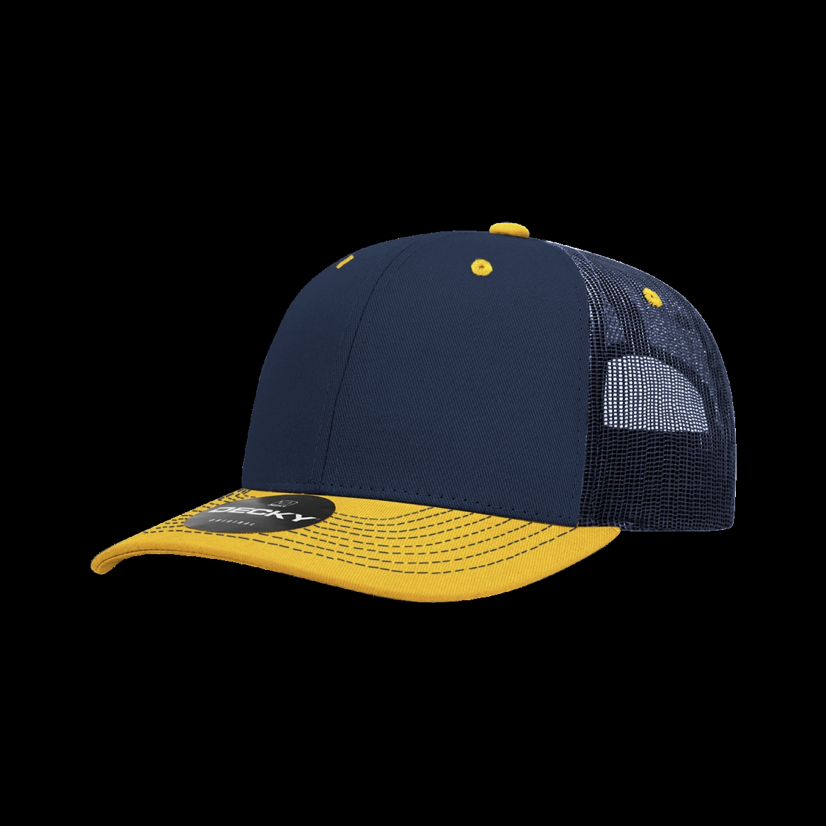 6031-2NVYGLD 6 Panel Mid Profile Structured Contra-Stitch Trucker Cap, Navy & Gold - One Size Fits Most
