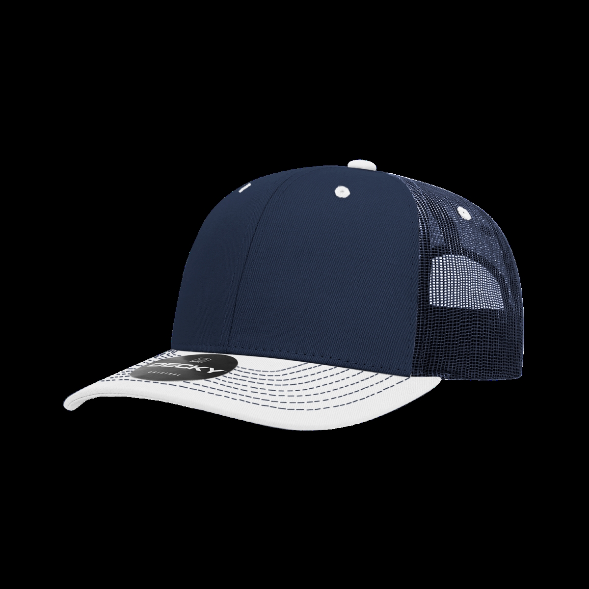 6031-2NVYWHT 6 Panel Mid Profile Structured Contra-Stitch Trucker Cap, Navy & White - One Size Fits Most