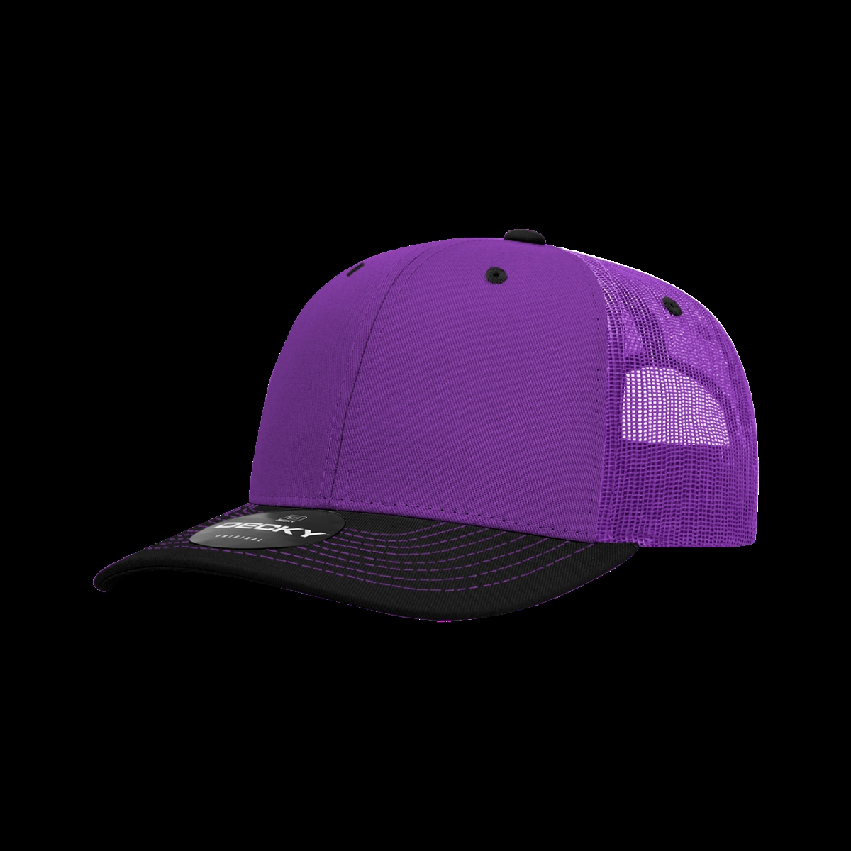 6031-2PURBLK 6 Panel Mid Profile Structured Contra-Stitch Trucker Cap, Purple & Black - One Size Fits Most