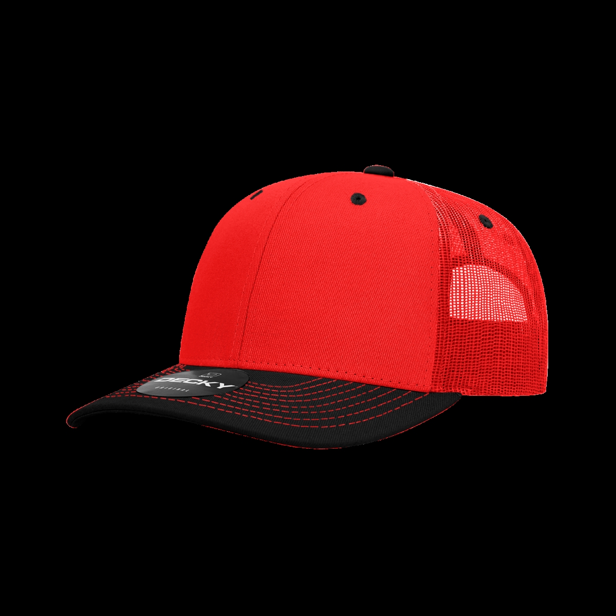 6031-2REDBLK 6 Panel Mid Profile Structured Contra-Stitch Trucker Cap, Red & Black - One Size Fits Most