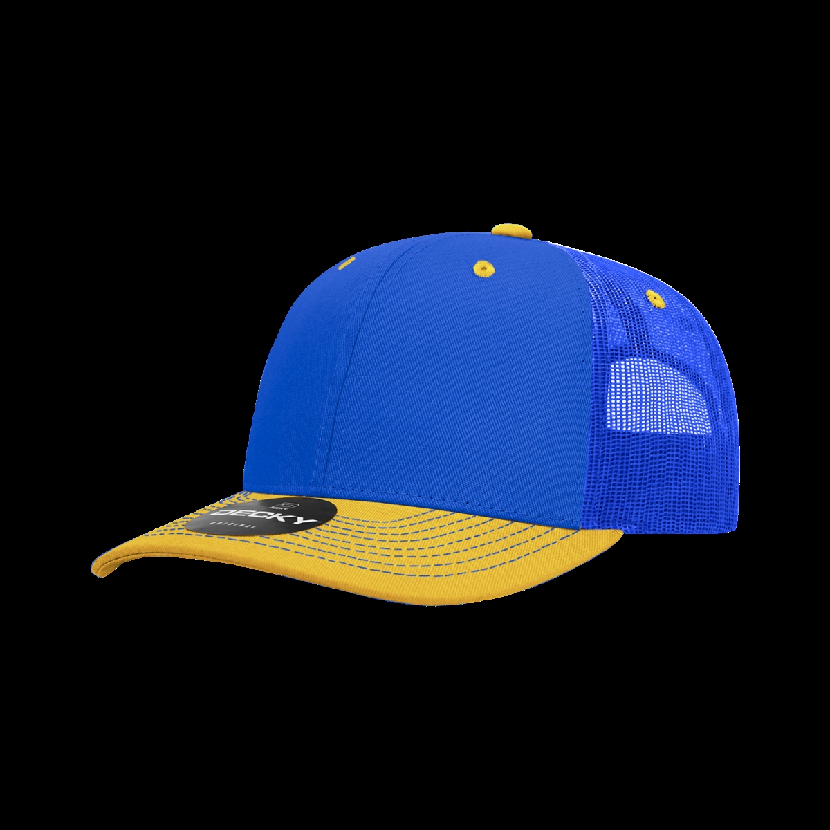 6031-2RYLGLD 6 Panel Mid Profile Structured Contra-Stitch Trucker Cap, Royal & Gold - One Size Fits Most