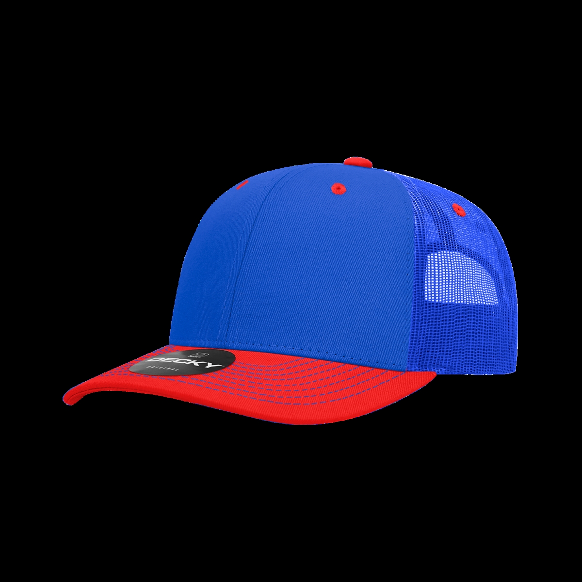 6031-2RYLRED 6 Panel Mid Profile Structured Contra-Stitch Trucker Cap, Royal & Red - One Size Fits Most