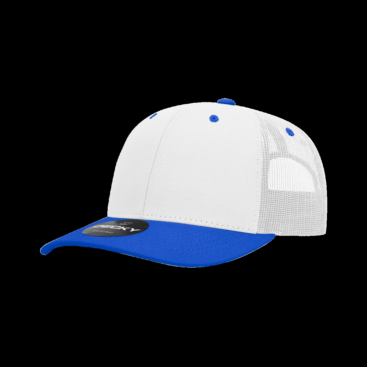 6031-2WHTRYL 6 Panel Mid Profile Structured Contra-Stitch Trucker Cap, White & Royal - One Size Fits Most