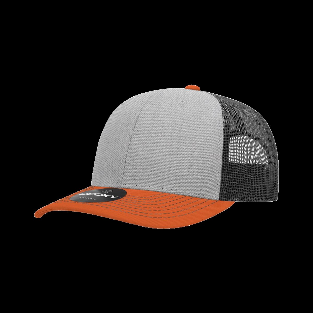 6031-3BORHGYCHA 6 Panel Mid Profile Structured Contra-Stitch Trucker Cap, Orange & Heather Grey - Charcoal - One Size Fits Most