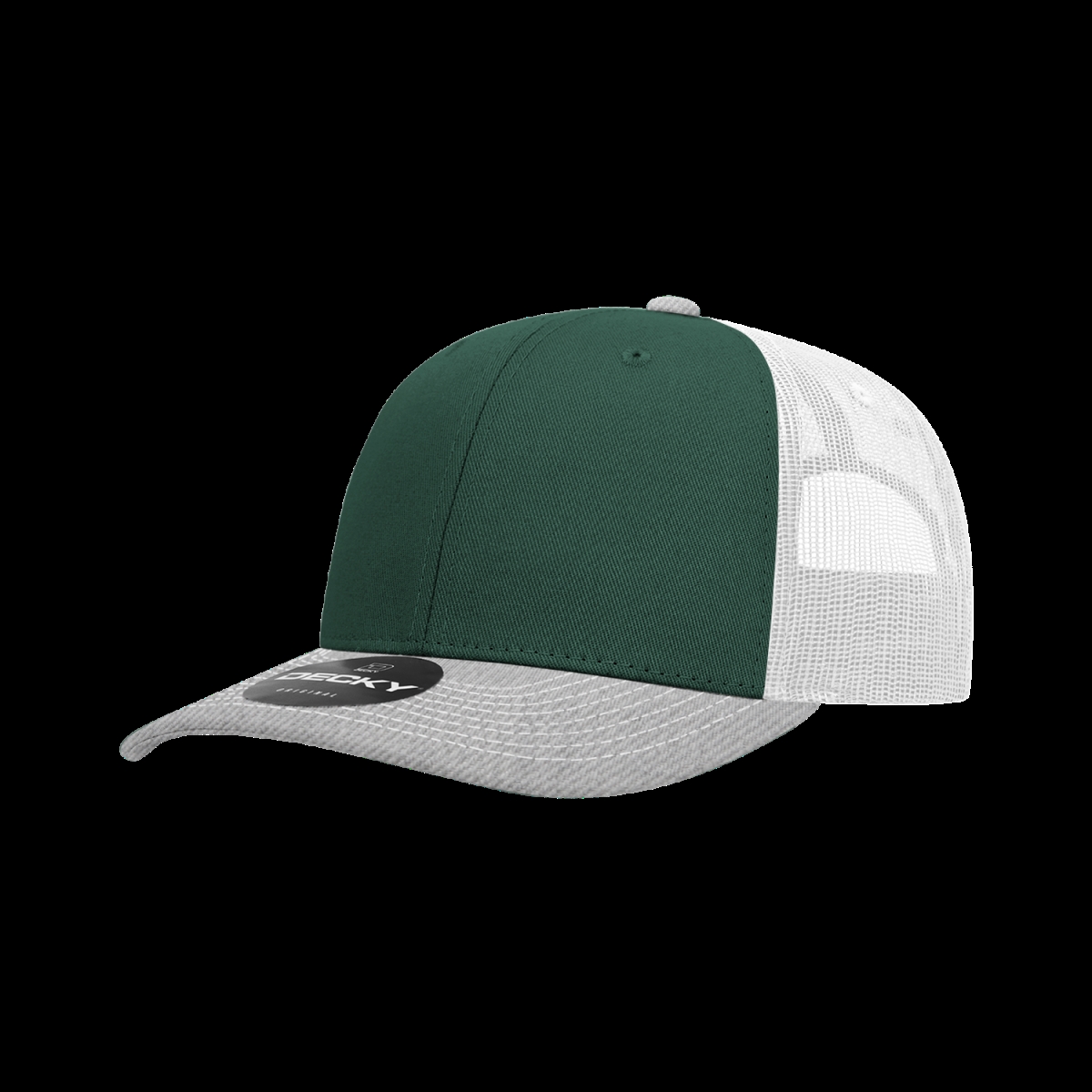 6031-3HGYFORWHT 6 Panel Mid Profile Structured Contra-Stitch Trucker Cap, Heather Grey & Forest - White - One Size Fits Most