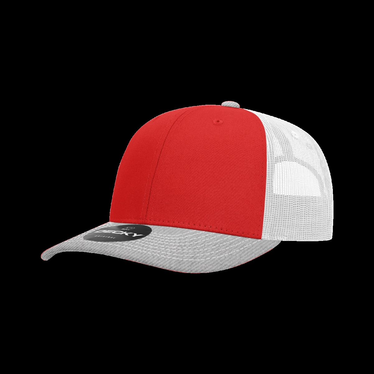 6031-3HGYREDWHT 6 Panel Mid Profile Structured Contra-Stitch Trucker Cap, Heather Grey & Red - White - One Size Fits Most