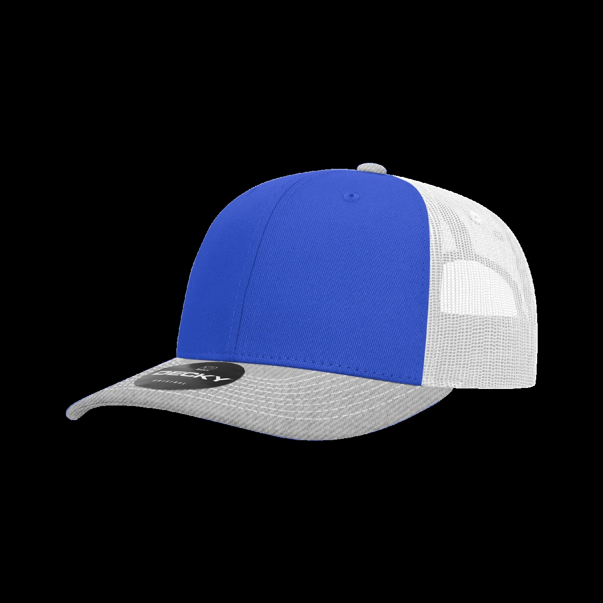6031-3HGYRYLWHT 6 Panel Mid Profile Structured Contra-Stitch Trucker Cap, Heather Grey & Royal - White - One Size Fits Most