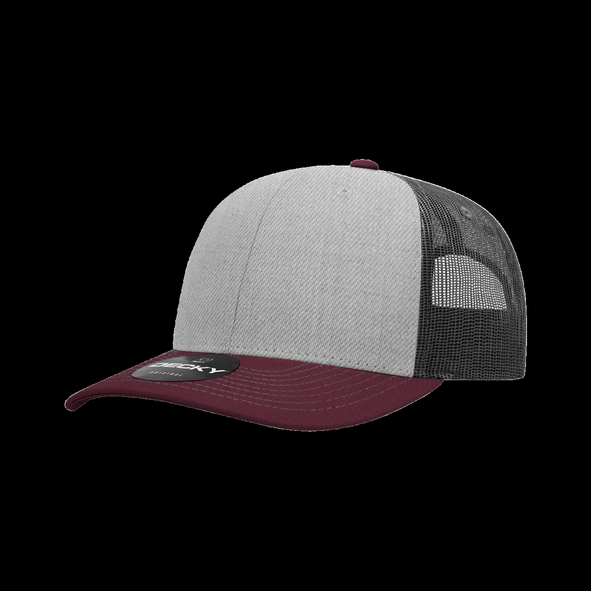 6031-3MARHGYCHA 6 Panel Mid Profile Structured Contra-Stitch Trucker Cap, Maroon & Heather Grey - Charcoal - One Size Fits Most