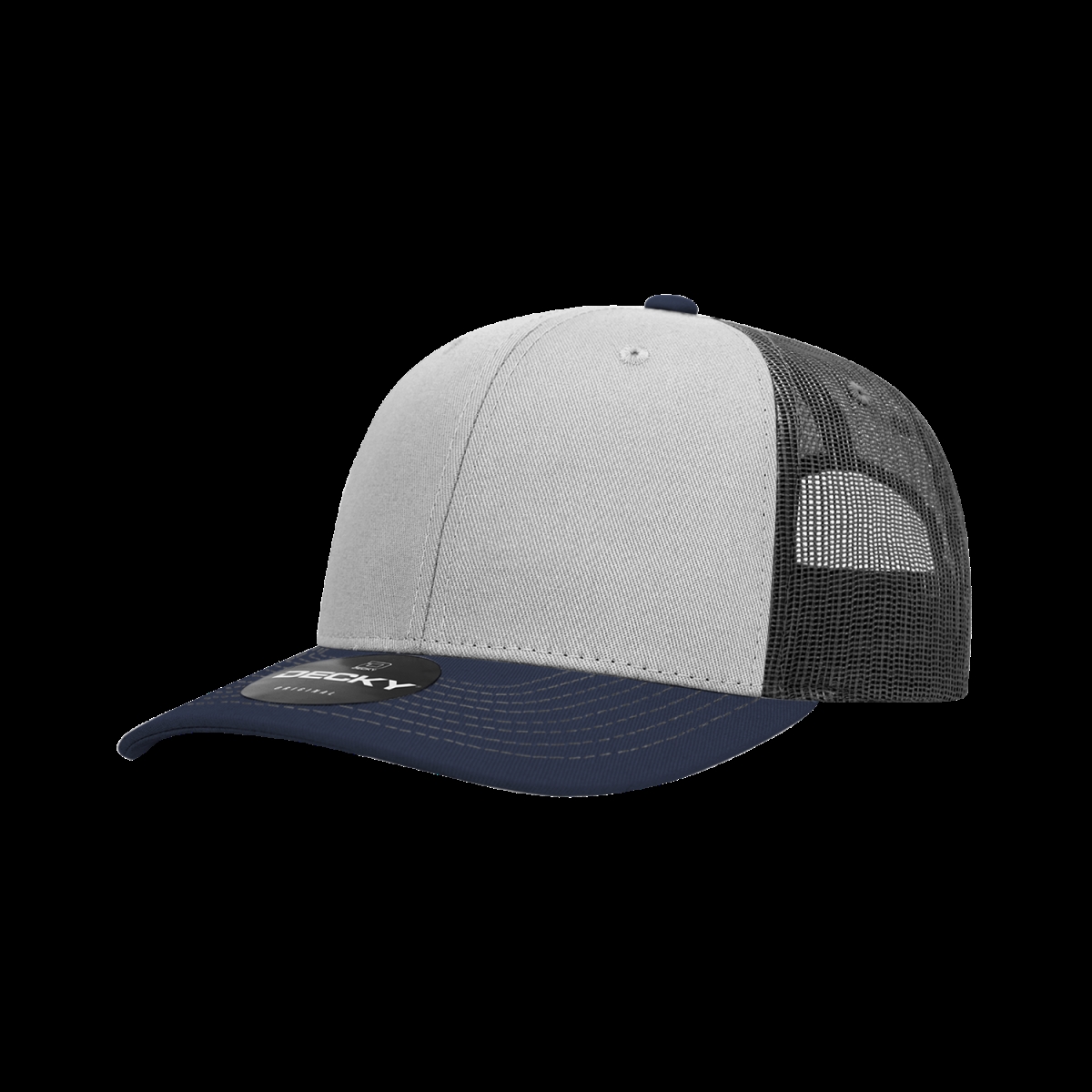 6031-3NVYGRYCHA 6 Panel Mid Profile Structured Contra-Stitch Trucker Cap, Navy & Grey - Charcoal - One Size Fits Most