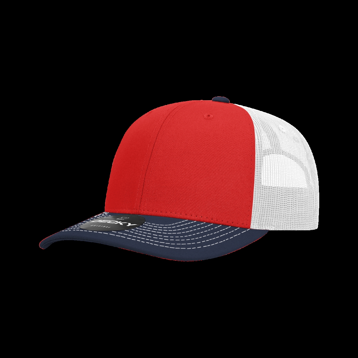 6031-3NVYREDWHT 6 Panel Mid Profile Structured Contra-Stitch Trucker Cap, Navy & Red - White - One Size Fits Most
