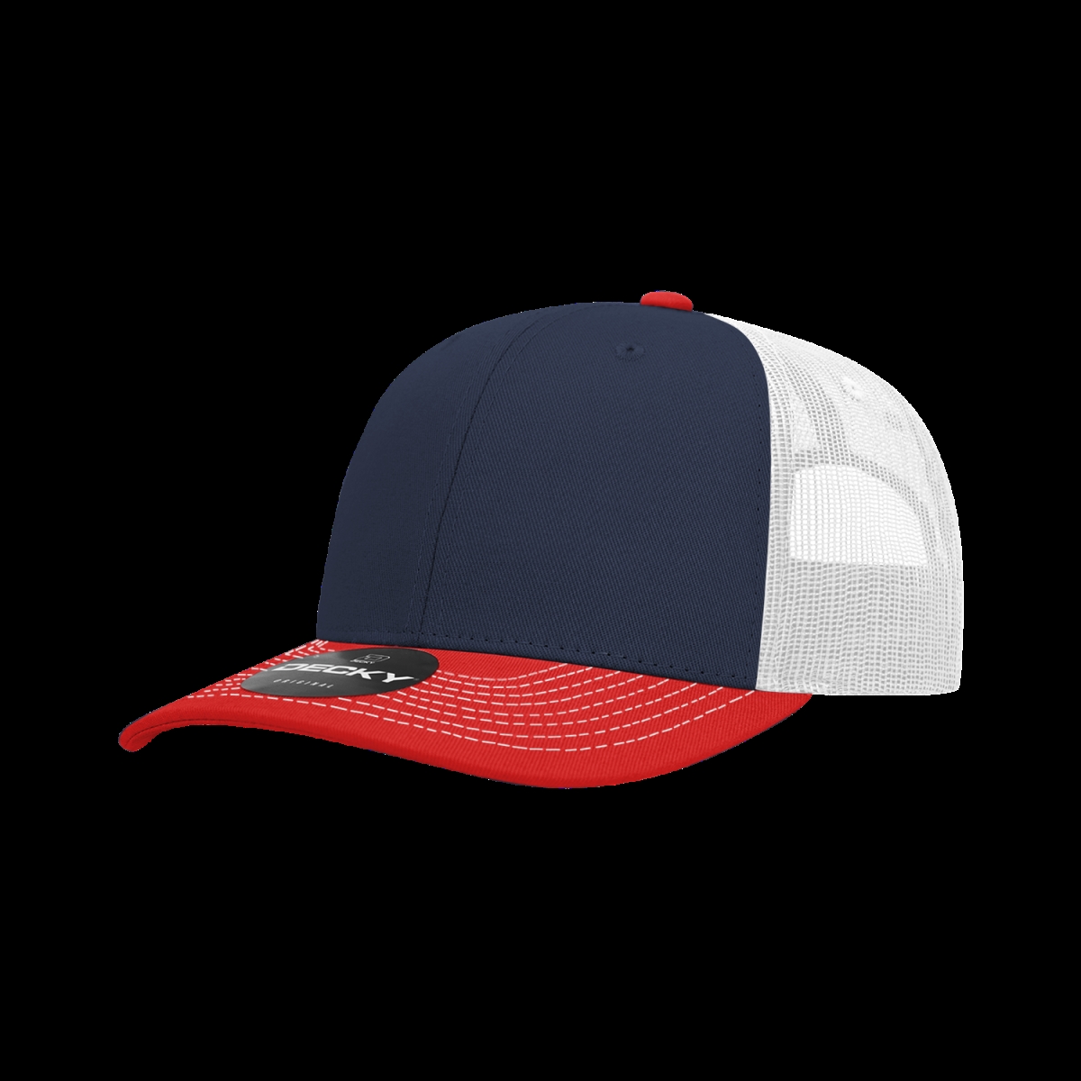 6031-3REDNVYWHT 6 Panel Mid Profile Structured Contra-Stitch Trucker Cap, Red & Navy - White - One Size Fits Most