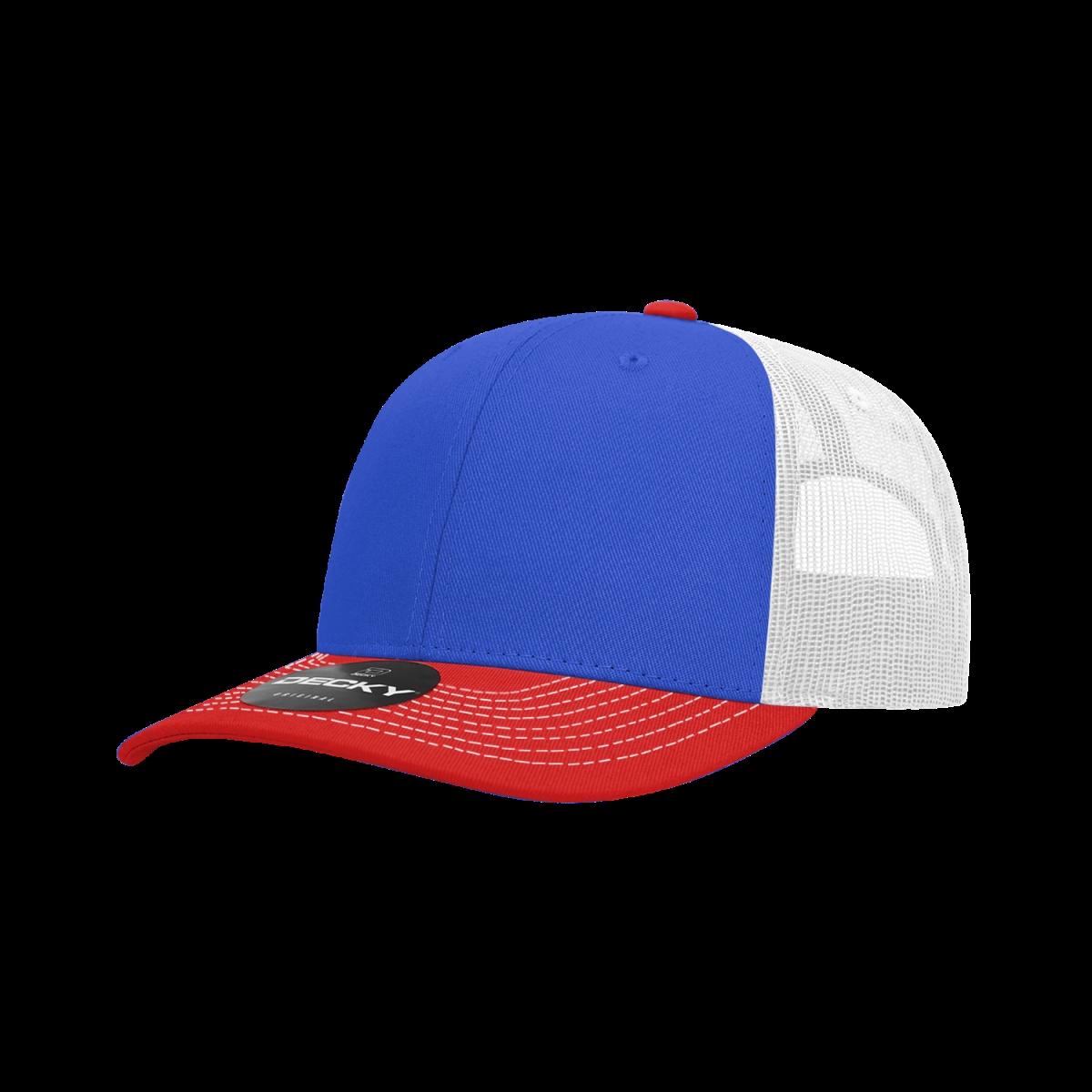 6031-3REDRYLWHT 6 Panel Mid Profile Structured Contra-Stitch Trucker Cap, Red & Royal - White - One Size Fits Most
