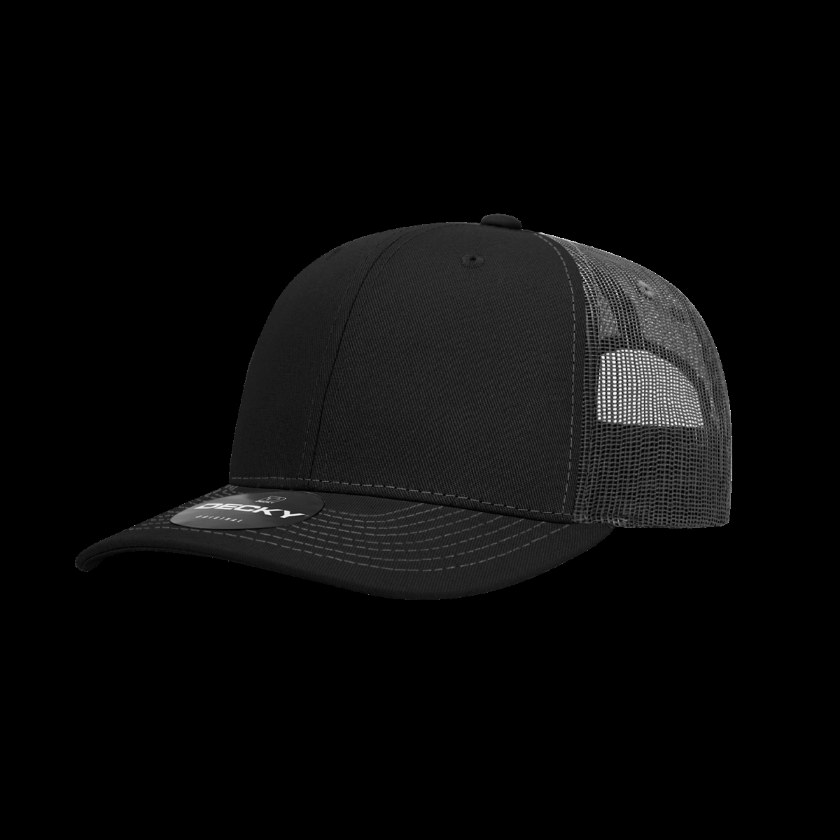 6031-4BLKCHA 6 Panel Mid Profile Structured Contra-Stitch Trucker Cap, Black & Charcoal - One Size Fits Most