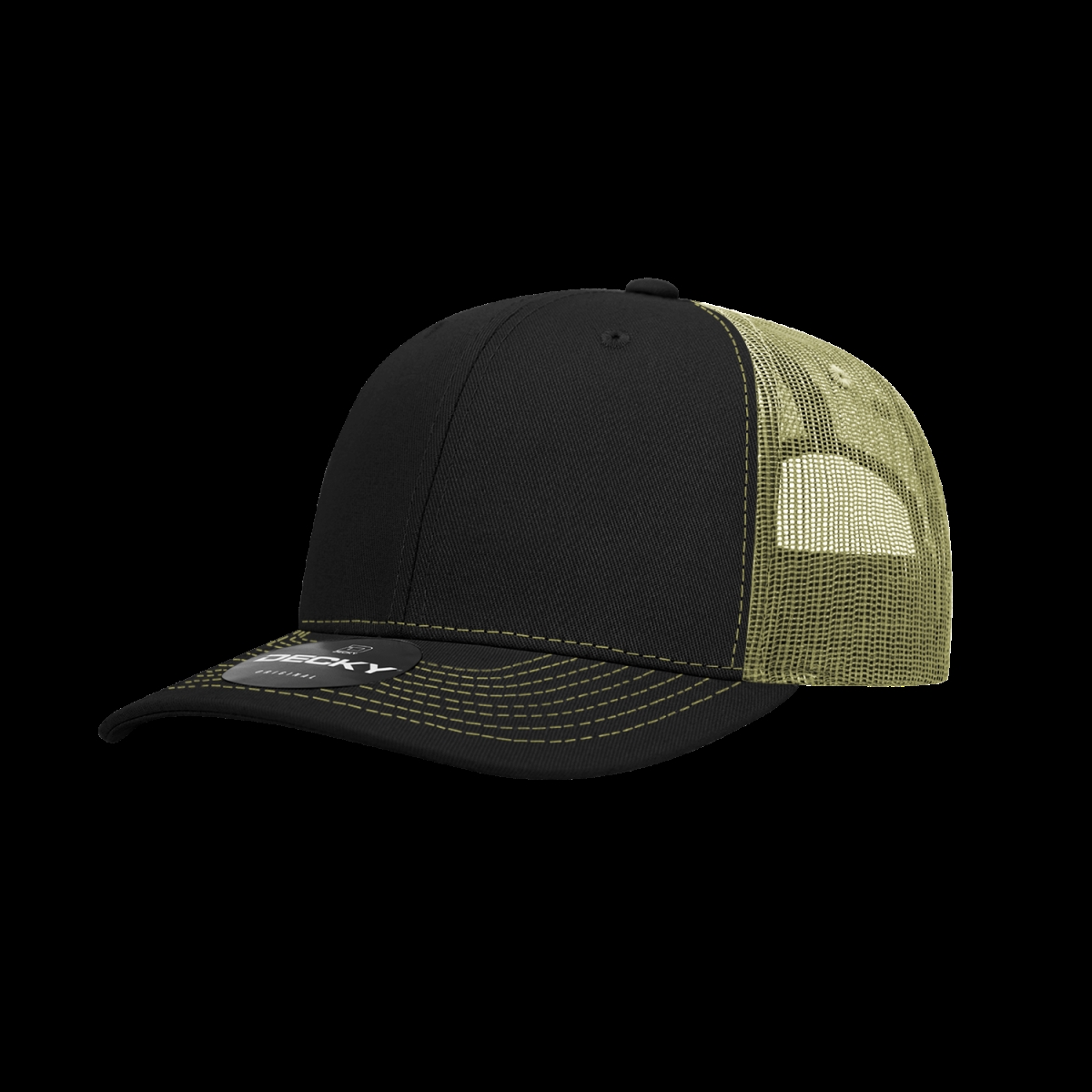6031-4BLKVGL 6 Panel Mid Profile Structured Contra-Stitch Trucker Cap, Black & Vegas Gold - One Size Fits Most