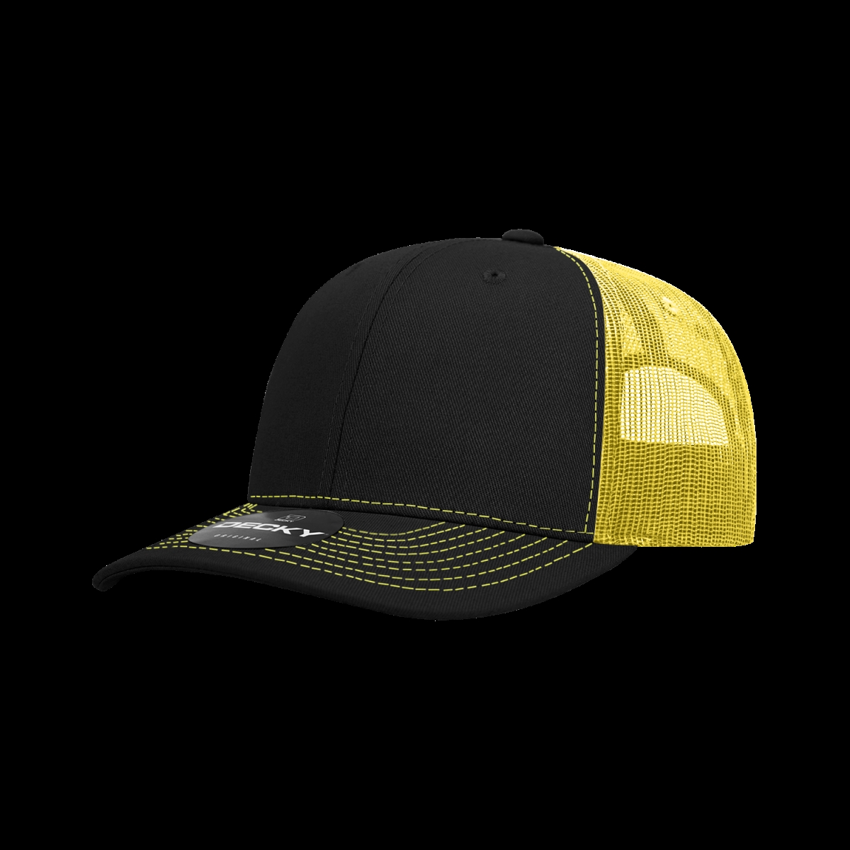 6031-4BLKYEL 6 Panel Mid Profile Structured Contra-Stitch Trucker Cap, Black & Yellow - One Size Fits Most