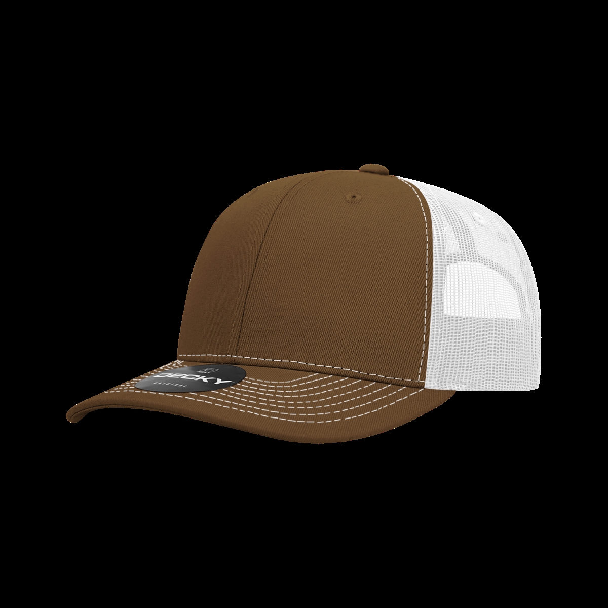 6031-4BRNWHT 6 Panel Mid Profile Structured Contra-Stitch Trucker Cap, Brown & White - One Size Fits Most